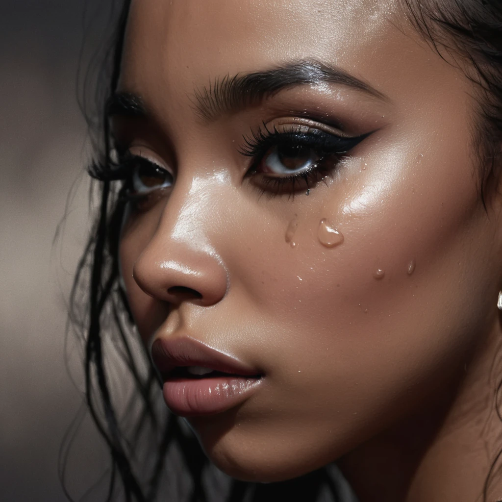 close up and zoomed in on a beautiful depressed emotional sad black girl with a single teardrop running down her face from her eye, noir photorealism, mysterious portrait of a woman, chiaroscuro portrait, close up on side profile, tinashe, zoe kravitz, zoomed in on tear drop, euphoria vibes, tears, crying, black and white, dark