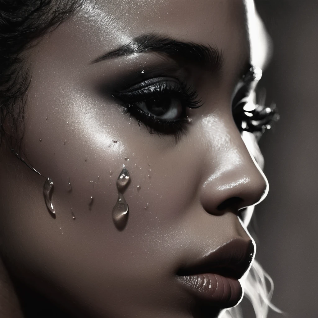 close up and zoomed in on a beautiful depressed emotional sad black girl with a single teardrop running down her face from her eye, ???? photorealism, mysterious portrait of a woman, chiaroscuro portrait, close up on side profile, tinashe, zoe kravitz, zoomed in on tear drop, euphoria vibes, tears, crying, black and white, dark