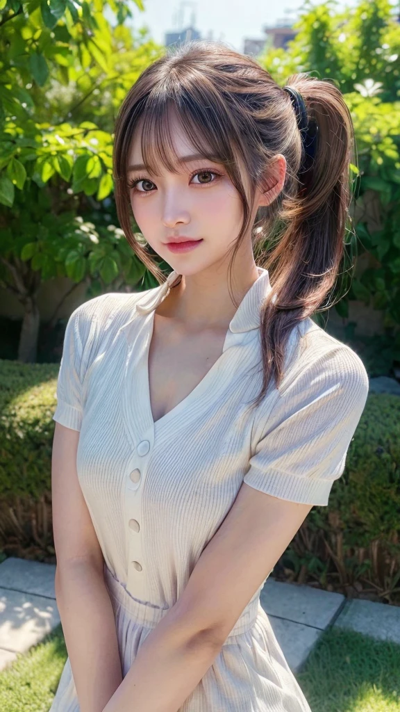 One piece with collar,outdoors,Urban Park,On the lawn,Ultra-detailed, finely detail, hight resolution, 8K Wallpaper, Perfect dynamic composition, Beautiful detailed eyes,Outdoor,Close-up of face,Outdoor,Blushing,Facing forward,,Long hair ponytail,((8k, Raw photo, Best Quality, Mastepiece:1.2), (Realism, Photorealistic:1.4), (Highly detailed 8K wallpapers), Depth of written boundary, Cinematic Lighting, Soft Light, Detailed Beauty Eye,Shiny and smooth light brown ponytail, Asymmetrical bangs, Shiny skin, Ultra-detailed skins ,It is high resolution., High detail, Detailed hairstyle, Detailed facial beauty, Hyper-realistic, Perfect limbs, Perfect Anatomy ,1 Japanese girl,Famous Japanese Idols, Perfect female body,A shy smile,Short eyelashes,Double-edged eyelids,Look straight here,Hair style: ponytail,