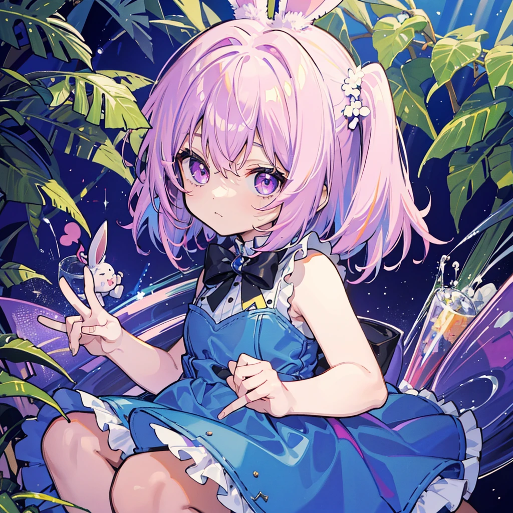 A cute little , , wee, with short white hair, with pink highlights, big and purple eyes, blue dress and bunny ears