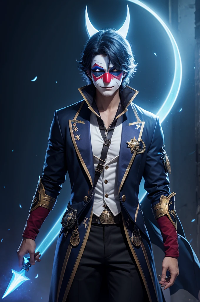 Male character with night clown mask with noem "wizard" with rays background