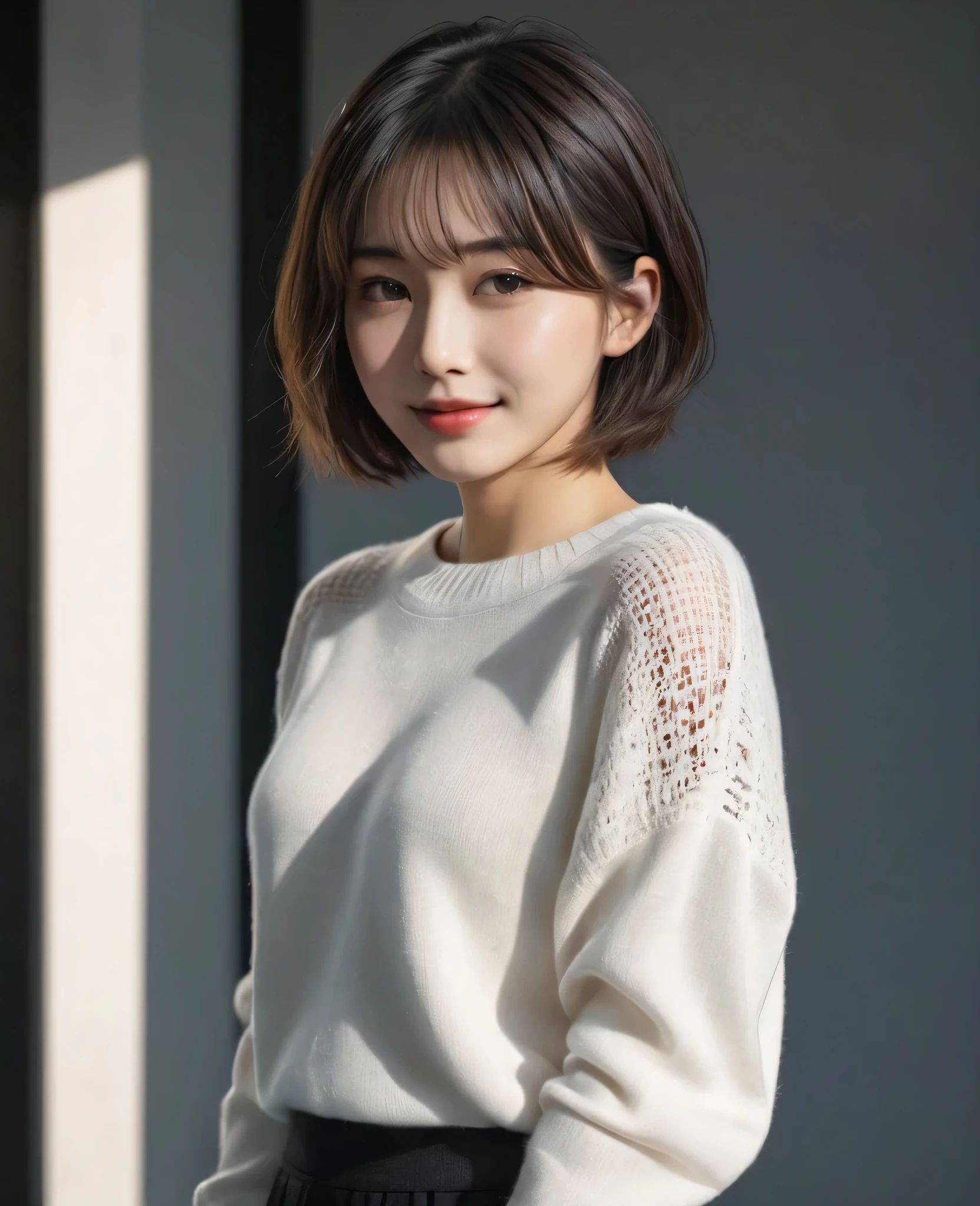Best quality,masterpiece,Ultra-high resolution,(Realism:1.5),original photo,1 Girl,Lower shoulder,in the darkness,Deep Shadows,Low profile,Openwork sweater,Cold Light,Attractive appearance,short hair,Half-length photo,Smile