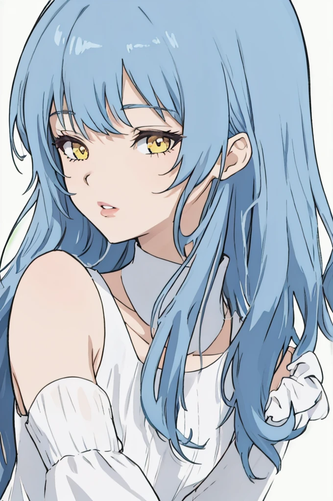 anime style, 1girl, light blue hair, long hair, yellow eyes, white sleeveless dress, light purple sleeves, lips,, portrait,, white background
