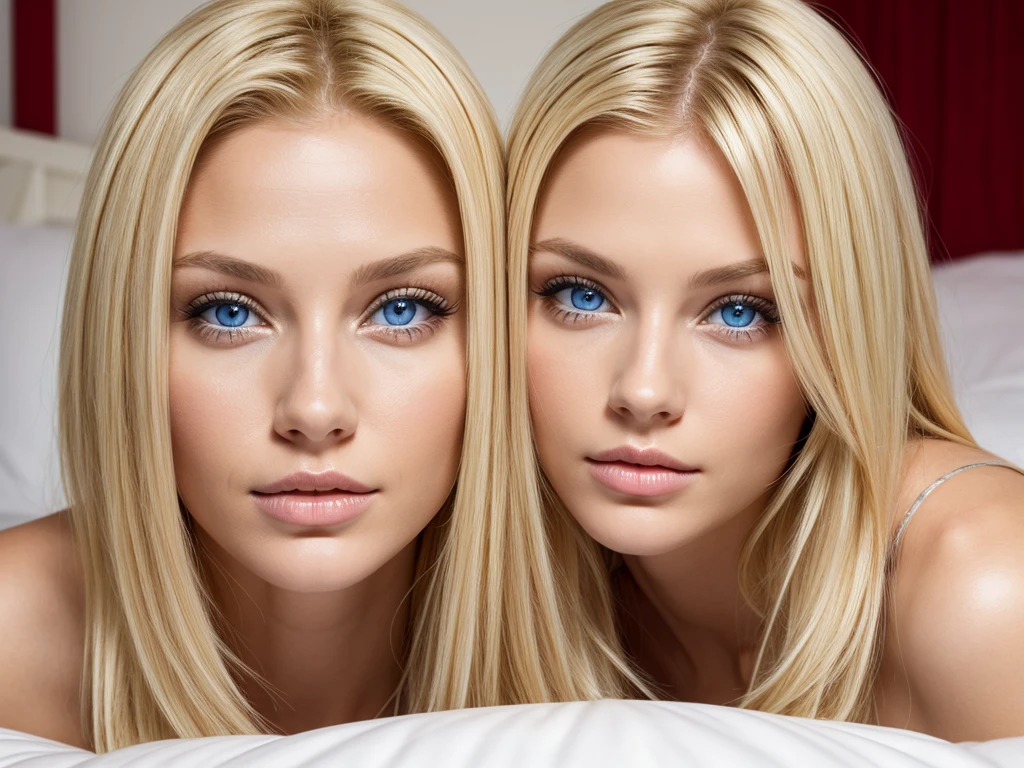 blonde woman 20 years blue eyes symmetrical on a bed