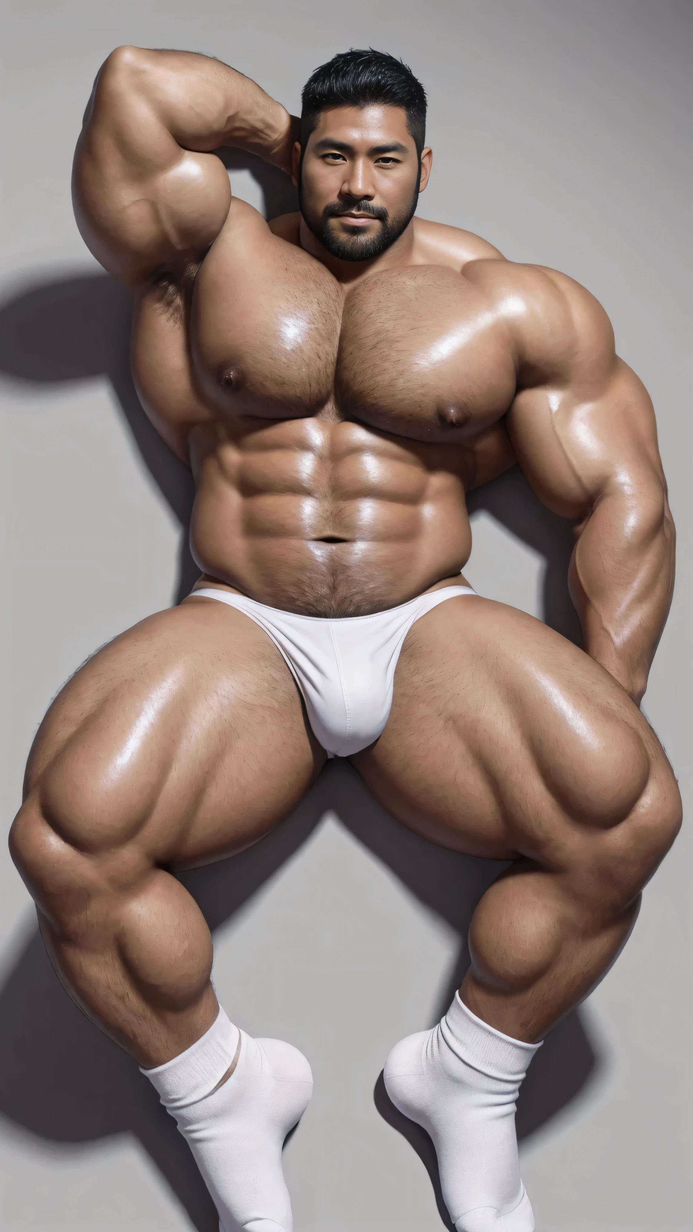 There is only one handsome Asian actor in the photo,35 years old,High target, Fitness,short hair, O-Shaped Beard,Perfect body, Dark skin color,Radiant Skin,Smooth skin,Shiny, shiny skin,Smooth pectoral muscles,No chest hair,No body hair,Muscle bulge, muscular, Very large pectoral muscles,Very sexy abdominal muscles,Very well-developed leg muscles,Huge concave and convex area,Brightens oily skin,Wearing a pink leather shiny thong,Handsome face, Correct and accurate male body proportions, Wear white socks,Lying on gray background。