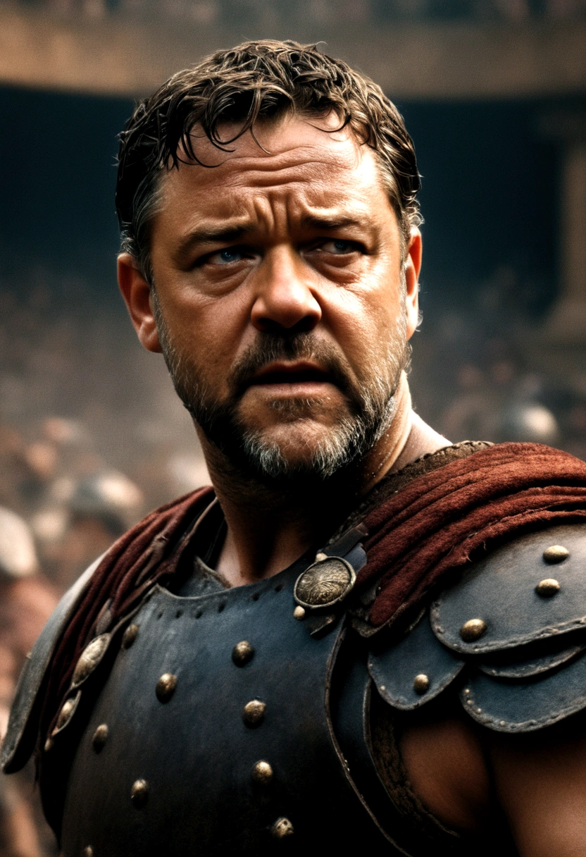 a highly detailed, cinematic portrait of Russell Crowe as the character Maximus from the film Gladiator, epic battle scene in the Roman Colosseum, dramatic lighting, chiaroscuro, muscular figure, intense expression, intricate armor and costume, detailed texture, volumetric fog, vast crowd of spectators, imposing architecture, cinematic camera angle, dramatic color palette, (best quality,8k,highres,masterpiece:1.2),ultra-detailed,(realistic,photorealistic,photo-realistic:1.37),cinematic,epic,historical,dark,dramatic