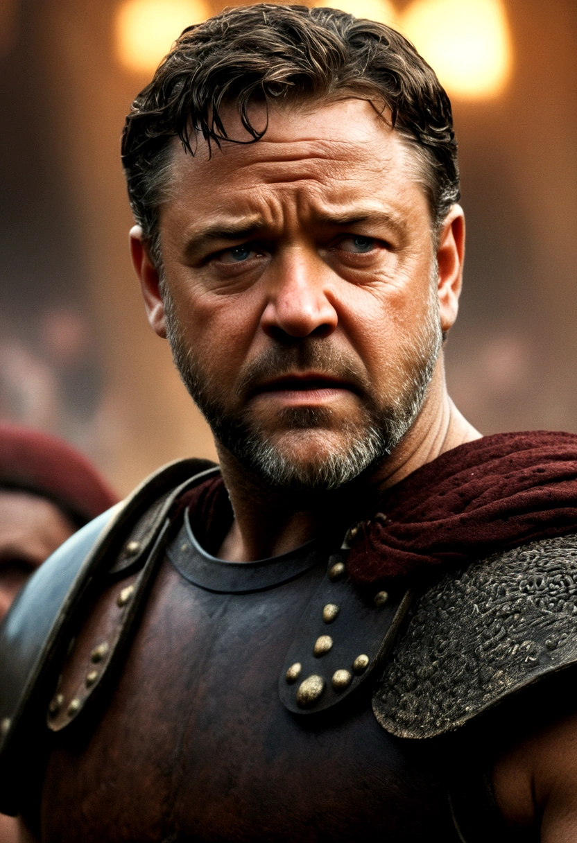 a highly detailed, cinematic portrait of Russell Crowe as the character Maximus from the film Gladiator, epic battle scene in the Roman Colosseum, dramatic lighting, chiaroscuro, muscular figure, intense expression, intricate armor and costume, detailed texture, volumetric fog, vast crowd of spectators, imposing architecture, cinematic camera angle, dramatic color palette, (best quality,8k,highres,masterpiece:1.2),ultra-detailed,(realistic,photorealistic,photo-realistic:1.37),cinematic,epic,historical,dark,dramatic