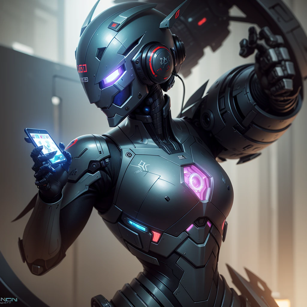 a close up of a robot on a cell phone, inspired by Marek Okon, cgsociety contest winner, energetic varia suit, menacing look, from ncsoft, profile picture 1024px