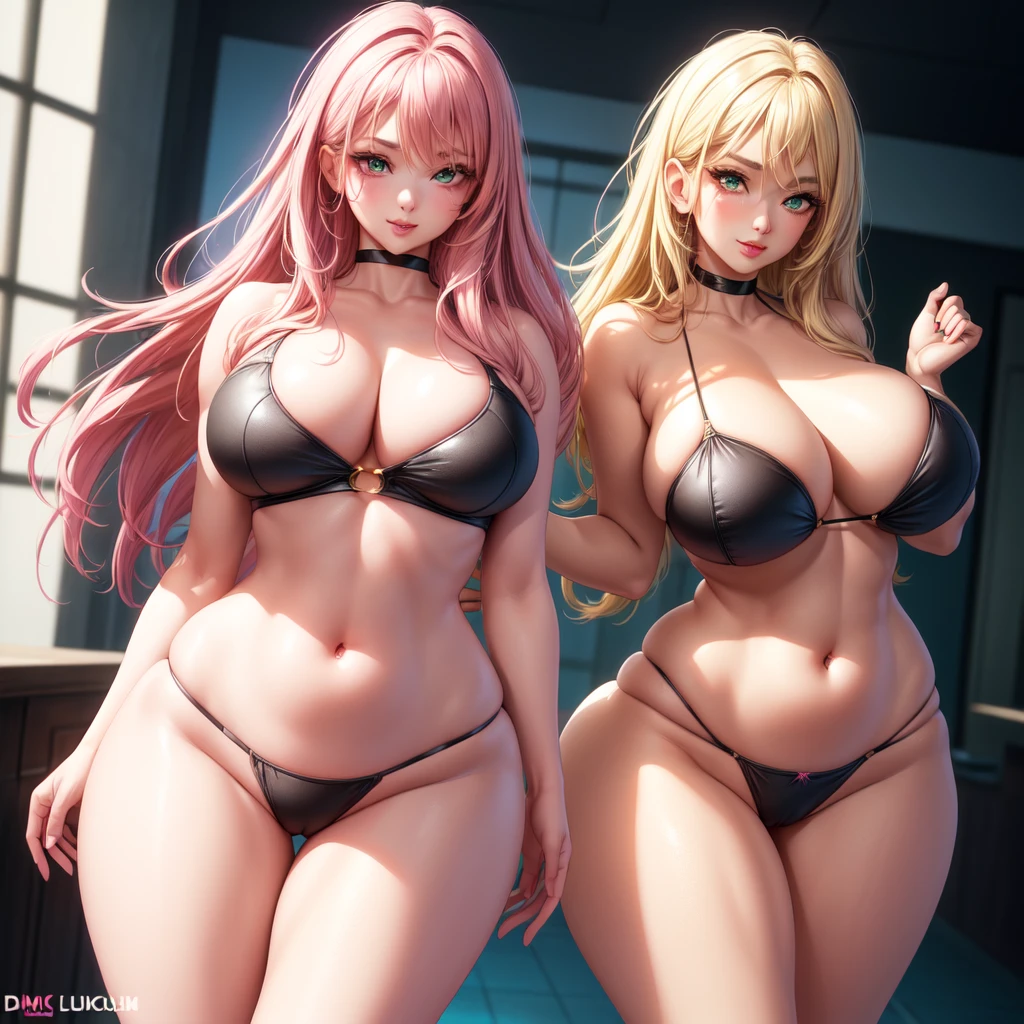 ((1 girls), solo, clevage, Big round breasts, trendy, stylish, clevage, thighs, hips, realistic, pink hair, blonde hair, light green eyes, lip gloss, detailed face, amazing big eyes, eye details, big lips, eyebrow details, blush, confident, dominant, bdsm, smirk, naughty, mischevious face, HD, good quality, curvy, standing up, thick thighs, attractive, amazing body, perfect body, slim thick, indoors, black bikini