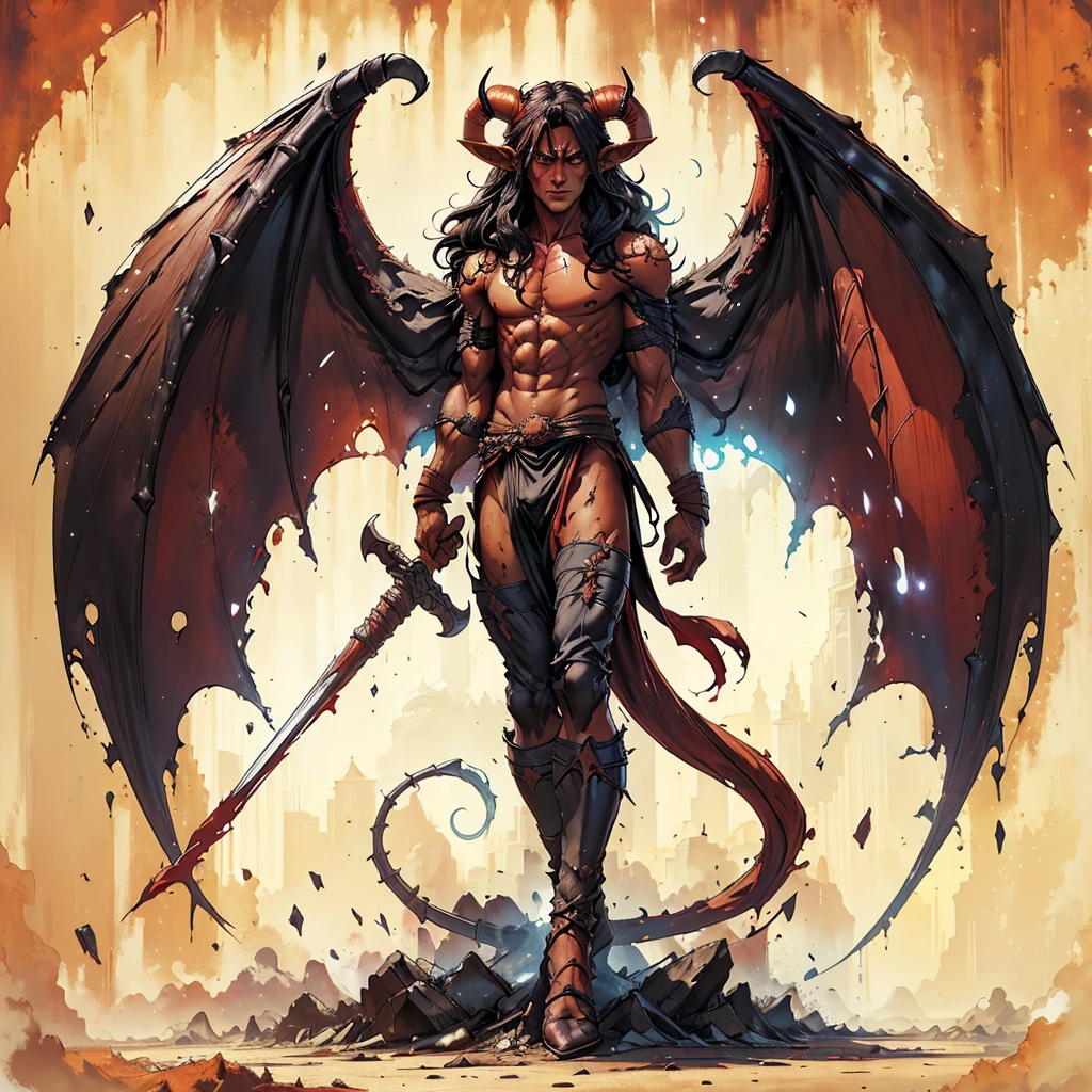 buff, larger build, male red skinned tiefling savage sitting down trying to read a childrens book, long black hair, black horns, hell background, red skin, dnd, colored, make it so the character has red skin and a wider build