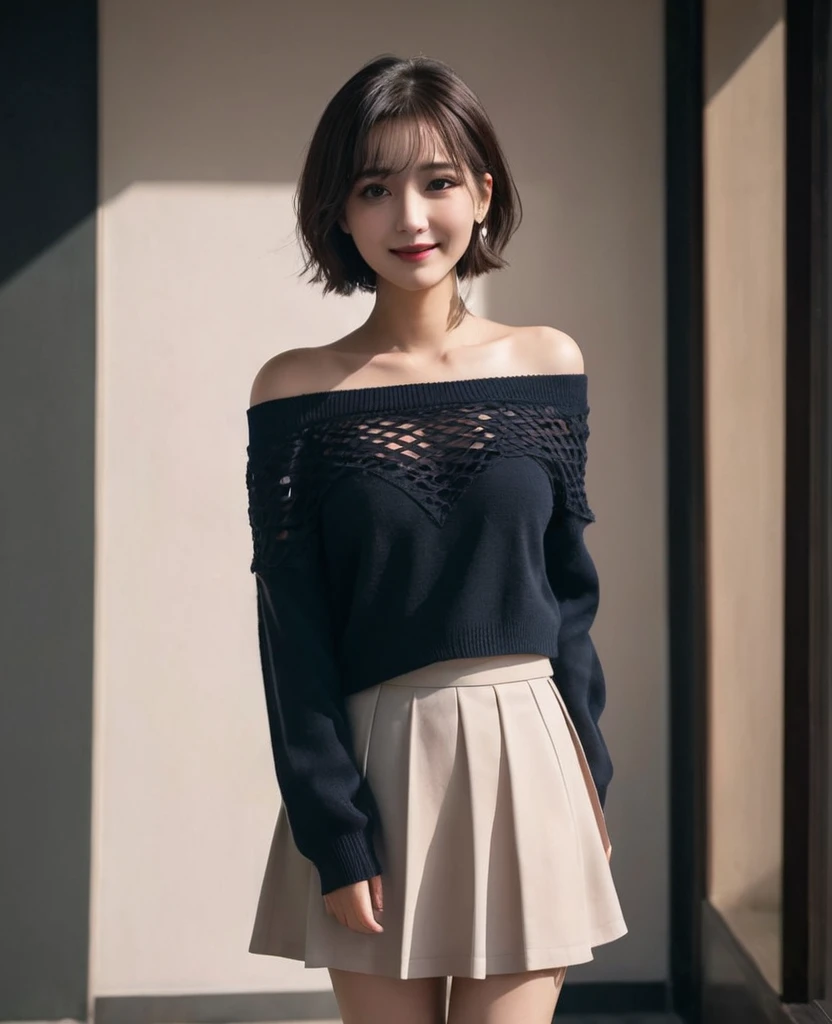 Best quality,masterpiece,Ultra-high resolution,(Realism:1.5),original photo,1 Girl,Off-shoulder,Low-cut,Chest-length skirt,in the darkness,Deep Shadows,Low profile,Openwork sweater,Cold Light,Attractive appearance,short hair,Half-length photo,Smile