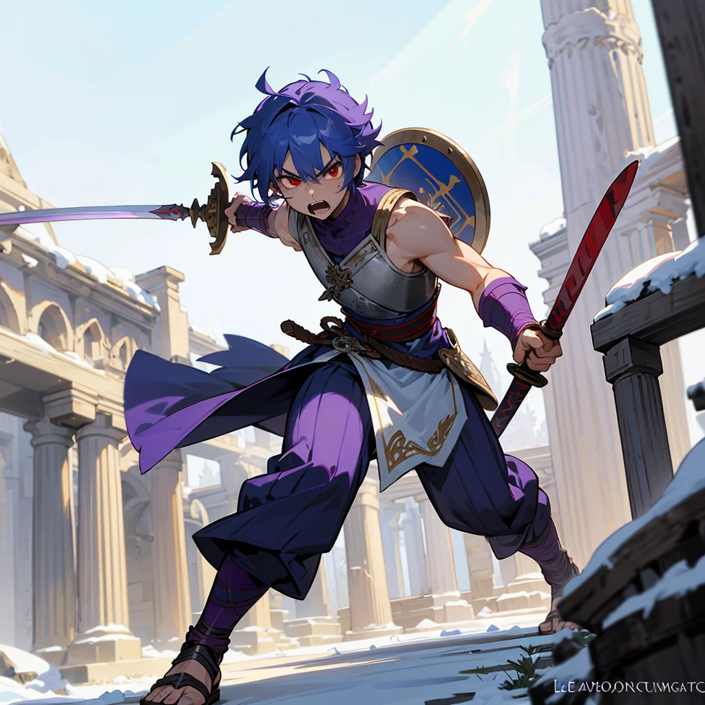 1boys orc, Full body version, red eyes, purple colour skins, angry eyes, cut hair, blue colour hair, angry expression, ancient greek clothing, gladiator sandals, Rapier sword in hand, small shield, silver armor vest, Grassroots background in snow, sunlight, sun, war gesture 