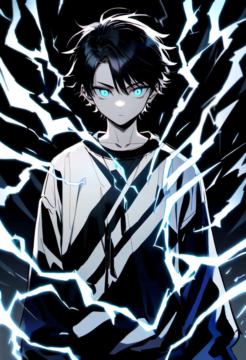 Man 17 years old Long black hair black and white sweatshirt with electricity on his body