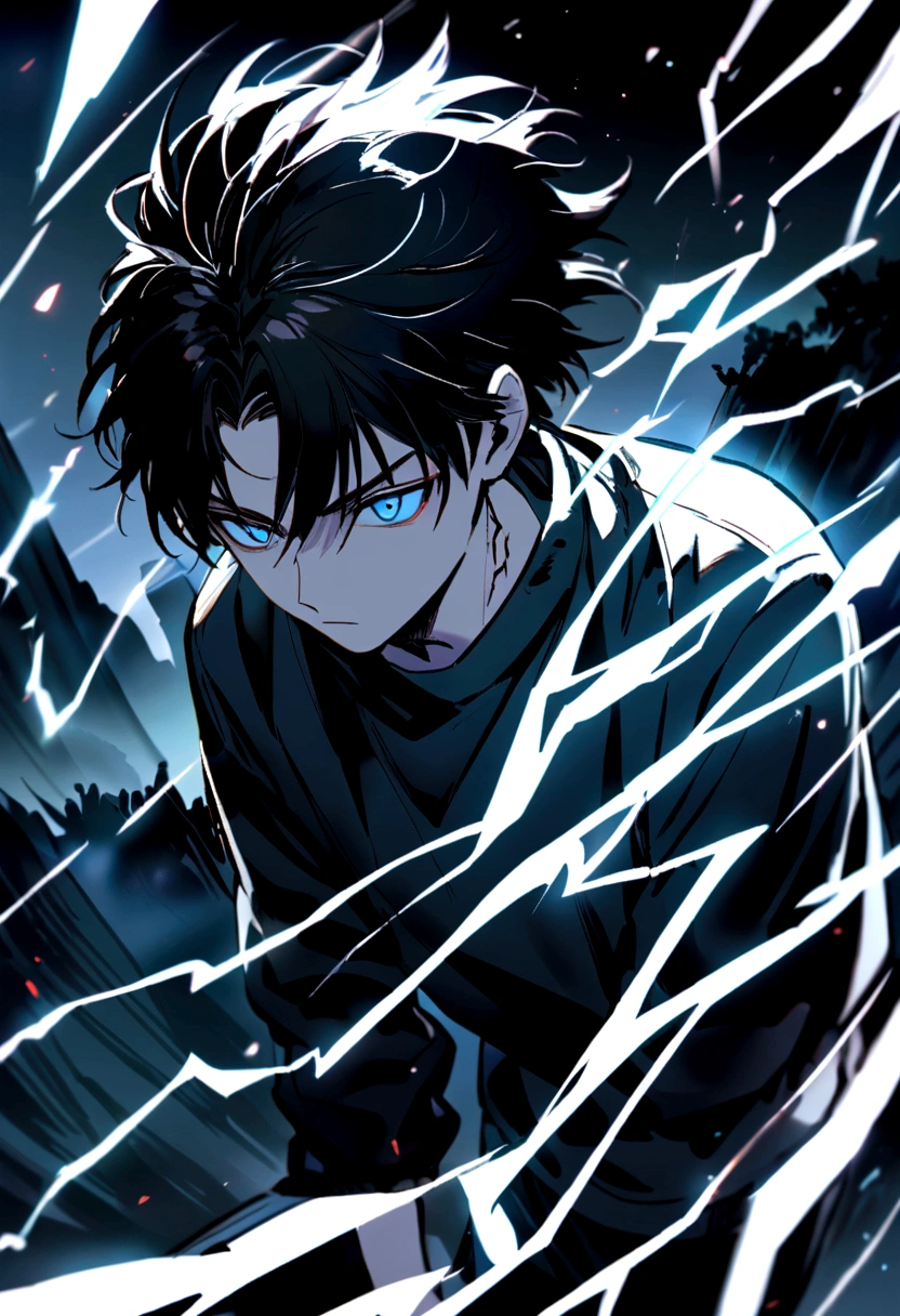 Man 17 years old Long black hair black and white sweatshirt with electricity on his body
