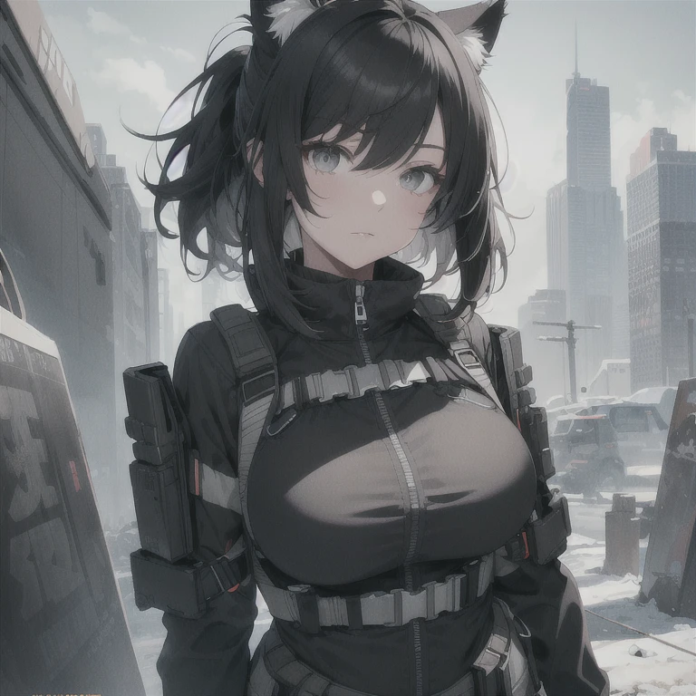 Absurd resolution, high resolution, (masterpiece: 1.4), hyper-detail, full body shot, solo, 1 kemono feline cat woman, humanoid, no skin other than neck and head shown, black hair, messy ponytail, cute face, detailed soft grey eyes, huge massive hyper super swollen heavy breasts, breasts so big that cover her whole torso and are bigger than her head while being so big they reach her belly button, extremely super large swollen perky heavy bust, wide full hips, narrower torso and shoulders, smaller torso, full thicc big soft thighs, big rounded full soft butt, ruggedized utility styled outfit, fully insulated suit, full body outfit coverage with no skin showing or revealed, scifi monochrome black and grey fullbody covering protective padding rugged loose-fitted pilot utility suit, white zipped utility cropped top for breasts support with a black strap horizontal across cleavage worn on top of suit, tactical strategic angular-patterned protective padding on hips and thighs and abdomen, practical/functional clothing, weather-proof durable clothing material, nylon clothing material, custom made clothing to fit and support large breasts, scifi padded rugged rigid high collar techwear jacket, armored high collar, white and black triangular decals and techwear iconography on apparel and clothing, techwear gloves, arm mounted strapped display scifi tablet/communication device/computer, rugged tablet display mounted on MOLLE strap on top of her bust, ruggedized computer tablet mounted above her breasts, screen display mounted on top of her chest, ruggedized tech, ruggedized tech aesthetic, fitted utility pants, utility chaps, near future scifi, cyberpunk aesthetic, anime aesthetic