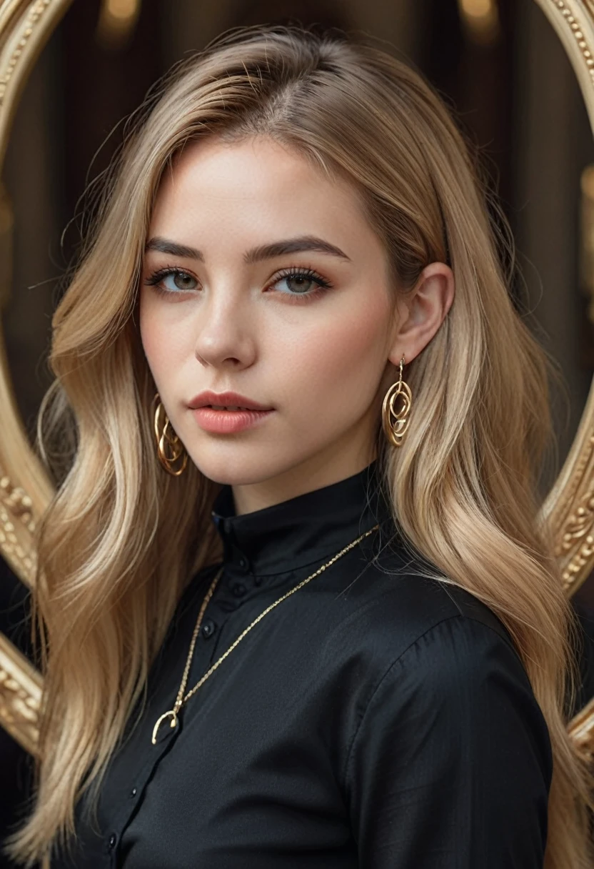 hyper realistic,,aqheodd, realistic style, a woman with long hair and a black shirt, 1girl, solo, long hair, looking at viewer, blonde hair, brown hair, jewelry, earrings, parted lips, blurry, lips, portrait, hoop earrings, realistic, highly detailed, sharp focus, handsome background, beautiful, elegant, intricate, artistic