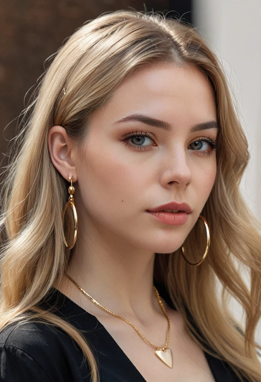 hyper realistic,,aqheodd, realistic style, a woman with long hair and a black shirt, 1girl, solo, long hair, looking at viewer, blonde hair, brown hair, jewelry, earrings, parted lips, blurry, lips, portrait, hoop earrings, realistic, highly detailed, sharp focus, handsome background, beautiful, elegant, intricate, artistic