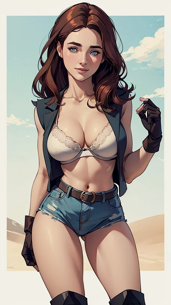 (cartoon style:1.2), Drawings of (Ginevra Molly Weasley), he used to smile, perfect green eyes, face detailed, White background, fun pose, seducing gaze,Full body wearing the Sanserina uniform, beautiful medium breasts and wonderful body cartoon style digital illustration. Wearing pantiesJennifer Connelly , , white bra, green vest, sleeveless, へそ, blue jeans, Brown boots, gloves fingerless, short gloves, slightly-smile, shorth hair, wavy hair, parted bangs, blue colored eyes, wart under the right eye, old american west, sunny desert background, waist belt, best qualityer, Obra de arte Jennifer Connelly