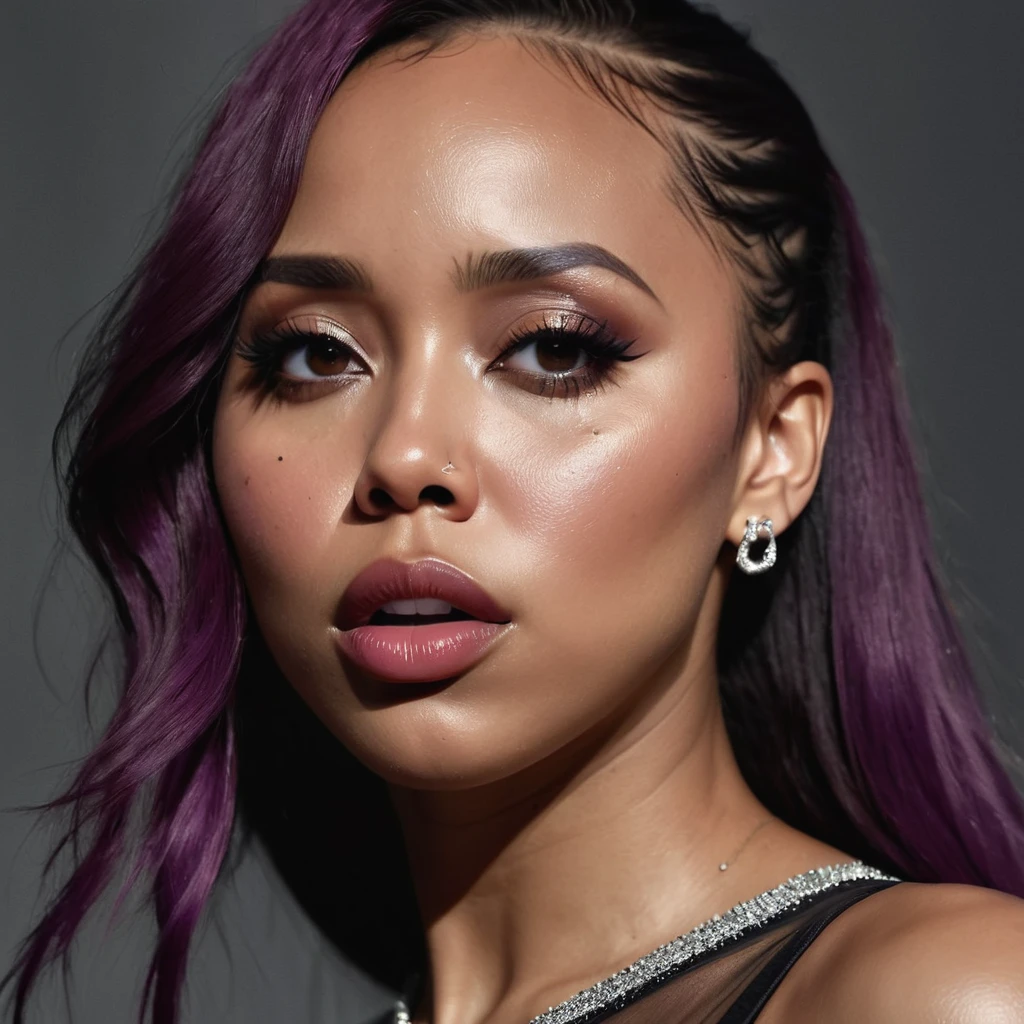 close up and zoomed in on a beautiful depressed emotional sad black girl with a single teardrop running down her face from her eye, noir photorealism, mysterious portrait of a woman, chiaroscuro portrait, close up on side profile, tinashe, zoe kravitz, zoomed in on tear drop, euphoria vibes, tears, crying, black and white, dark, masterpiece, best quality, ultra high res,photon mapping,best shadow,portrait,beauty detail,ultra high detail,long purple hair,single braid,blunt bangs,medium breasts,city,chinatown,downtown,see through, short dress, low cut:2, hair ornament, earrings, necklace, portrait, silver dress:2, looking at viewer,solo,professional light, detailed skin,
