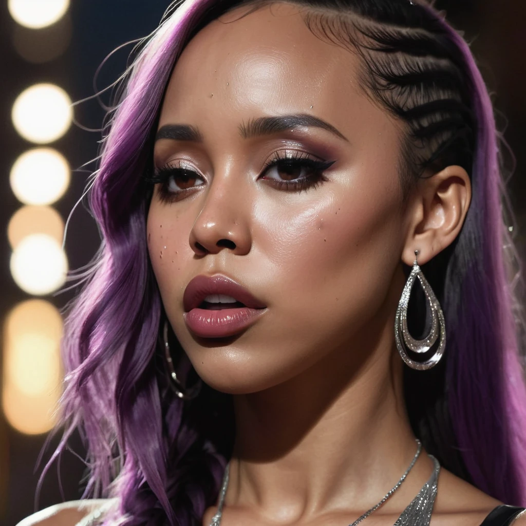 close up and zoomed in on a beautiful depressed emotional sad black girl with a single teardrop running down her face from her eye, noir photorealism, mysterious portrait of a woman, chiaroscuro portrait, close up on side profile, tinashe, zoe kravitz, zoomed in on tear drop, euphoria vibes, tears, crying, black and white, dark, masterpiece, best quality, ultra high res,photon mapping,best shadow,portrait,beauty detail,ultra high detail,long purple hair,single braid,blunt bangs,medium breasts,city,chinatown,downtown,see through, short dress, low cut:2, hair ornament, earrings, necklace, portrait, silver dress:2, looking at viewer,solo,professional light, detailed skin,