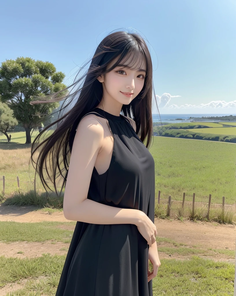 (Highest quality, 32k, High resolution, Masterpiece:1.5, ), marimo_jet, god々A photograph with brilliant brilliance and the power of nature., Expressing emotions, Have a rich imagination, Beautiful Japanese Girls, An exceptionally beautiful face, Small Face Beauty, ((Low-angle full-body shot:1.3)), Perfect Human Anatomy, Magical big eyes, Motherhood and generosity, Deep Love, fleeting smile, Shiny black hair, Beautiful super long hair swaying in the wind, Asymmetrical bangs, Hair between the eyes, Transparent, soft white skin, Sharp eyebrows, Thin lashes, Natural Makeup, Cheek highlighter, Pale pink detailed lips, (High-quality black dress:1.3), ((High resolutionの美しい太もも, Beautiful legs), ((Distant Horizon:1.5)), ((Rural scenery stretching to the horizon:1.3)), ((Gazing at the horizon from the plateau:1.3)), Beautifully detailed skies, Professional Photographer, Professional Lighting, Professional Model