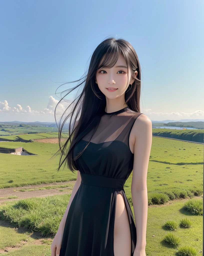 (Highest quality, 32k, High resolution, Masterpiece:1.5, ), marimo_jet, god々A photograph with brilliant brilliance and the power of nature., Expressing emotions, Have a rich imagination, Beautiful Japanese Girls, An exceptionally beautiful face, Small Face Beauty, ((Low-angle full-body shot:1.3)), Perfect Human Anatomy, Magical big eyes, Motherhood and generosity, Deep Love, fleeting smile, Shiny black hair, Beautiful super long hair swaying in the wind, Asymmetrical bangs, Hair between the eyes, Transparent, soft white skin, Sharp eyebrows, Thin lashes, Natural Makeup, Cheek highlighter, Pale pink detailed lips, (High-quality black dress:1.3), ((High resolutionの美しい太もも, Beautiful legs), ((Distant Horizon:1.5)), ((Rural scenery stretching to the horizon:1.3)), ((Gazing at the horizon from the plateau:1.3)), Beautifully detailed skies, Professional Photographer, Professional Lighting, Professional Model