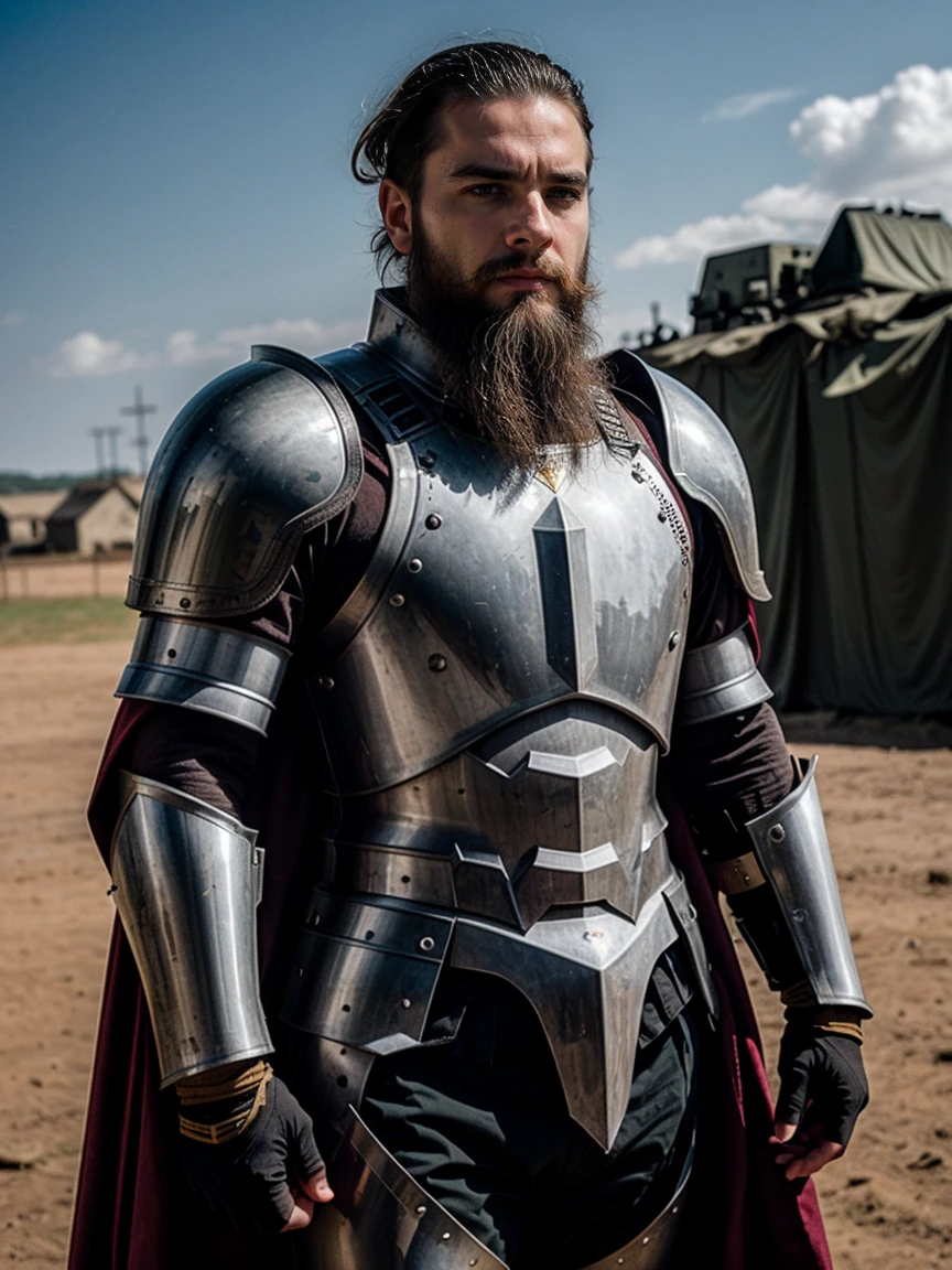 Cinematic powerful general in metal armour, beard and brunette hair, army camp in background, with cape