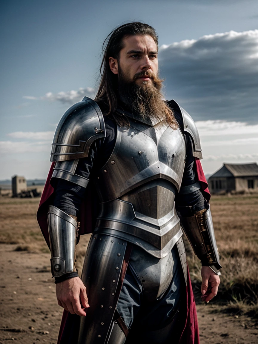 Cinematic powerful general in metal armour, beard and brunette hair, army camp in background, with cape