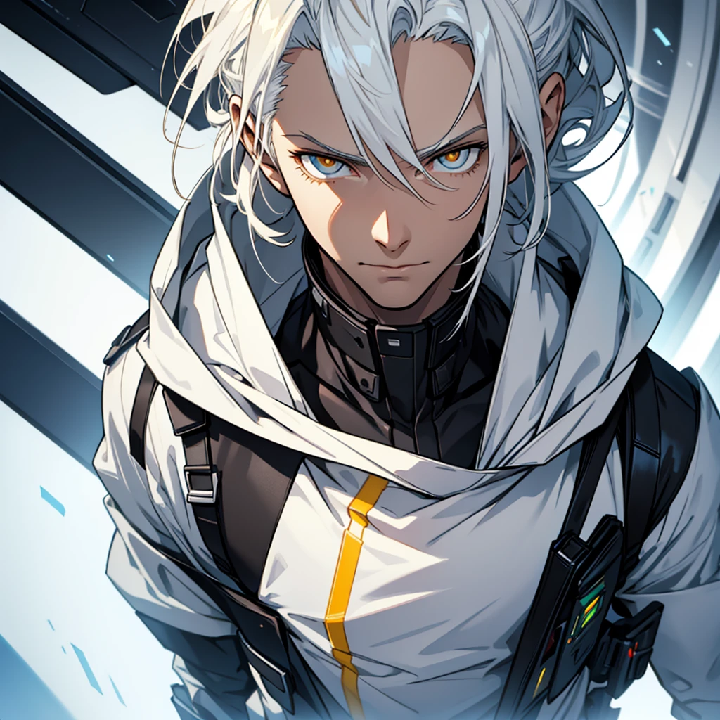 male character. naughty man. white hair. golden colored eyes. black clothing. Futuristic Setting. cold and cautious face