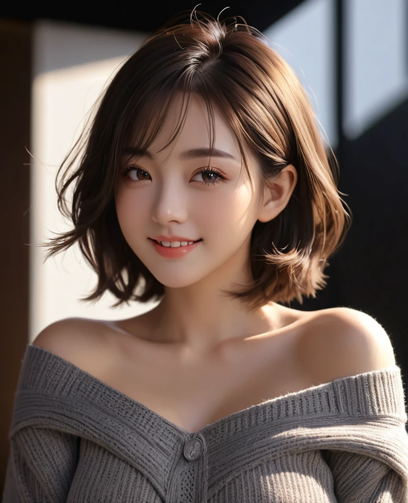 Best quality，masterpiece，Ultra-high resolution，(Realism:1.5)，原始photo，1 Girl，Off-shoulder tops，Chest to shoulders，Big breasts in the dark，Deep Shadows，Low profile，Openwork sweater，Cold Light，Attractive appearance，short hair，photo，Smile