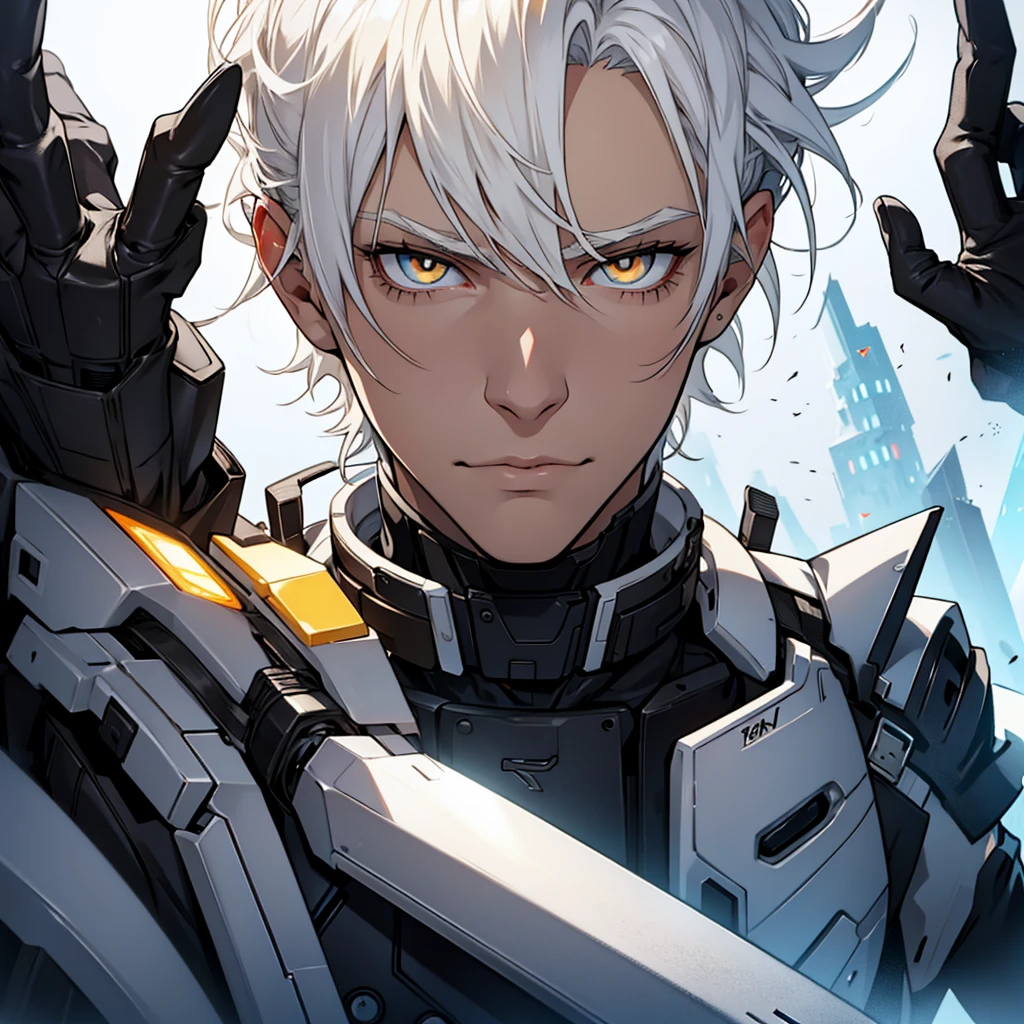 male character. naughty man. white  hair. golden colored eyes. black clothing. Futuristic Setting. cold and cautious face