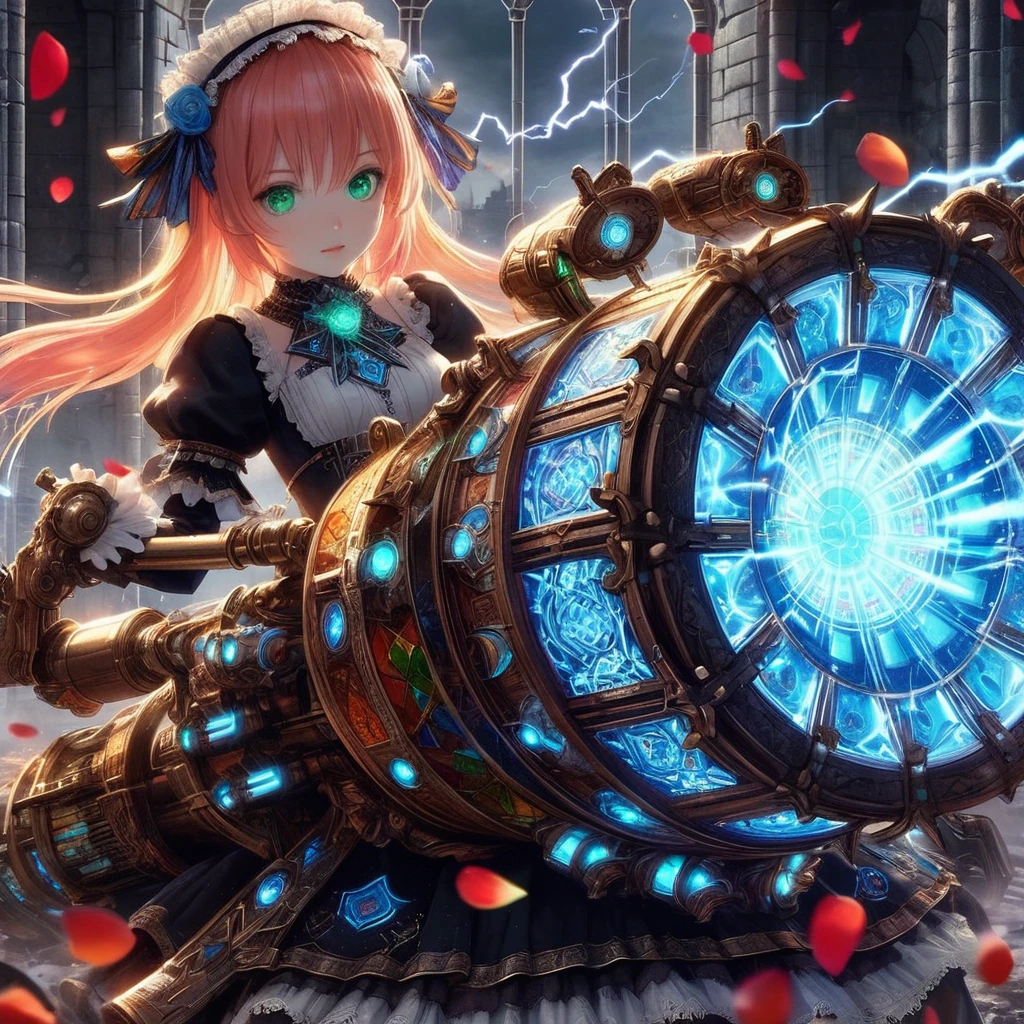 High-resolution rendering、Pink-haired, green-eyed black maid with a giant volt cannon、A gigantic Volt Cannon that is significantly larger than her head.、Detailed Vault Cannon、Blue and orange volt cannon。The Vault Cannon is engraved with intricate geometric stained glass patterns.、Shooting lightning。She points the Volt Cannon at the viewer.。Full Body Shot。In the background, it is pitch black with ruins.、The falling rose petals create a fantastic atmosphere.。An anime with delicate lines drawn using soft brushstrokes like watercolorultiple cels are layered to create the texture of ink.。Quality depicted through pinpoint detail。Full Body Shot