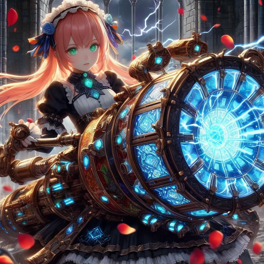 High-resolution rendering、Pink-haired, green-eyed black maid with a giant volt cannon、A gigantic Volt Cannon that is significantly larger than her head.、Detailed Vault Cannon、Blue and orange volt cannon。The Vault Cannon is engraved with intricate geometric stained glass patterns.、Shooting lightning。She points the Volt Cannon at the viewer.。Full Body Shot。In the background, it is pitch black with ruins.、The falling rose petals create a fantastic atmosphere.。An anime with delicate lines drawn using soft brushstrokes like watercolorultiple cels are layered to create the texture of ink.。Quality depicted through pinpoint detail。Full Body Shot