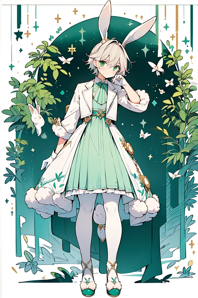 (((male, solo, bunny boy, White fur, elegante fantasy clothes))), elegante clothes, fantay clothes,green eyes, seafoam green clothes, ranger, pixiv, masterpiece, cute, (((fullbody))), male
