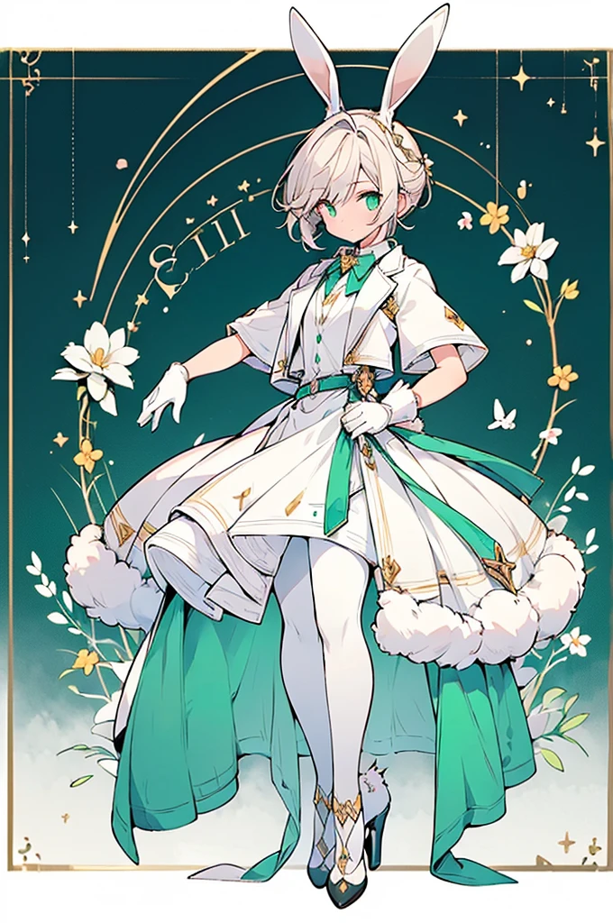 (((male, solo, bunny boy, White fur, elegante fantasy clothes))), elegante clothes, fantay clothes,green eyes, seafoam green clothes, ranger, pixiv, masterpiece, cute, (((fullbody))), male
