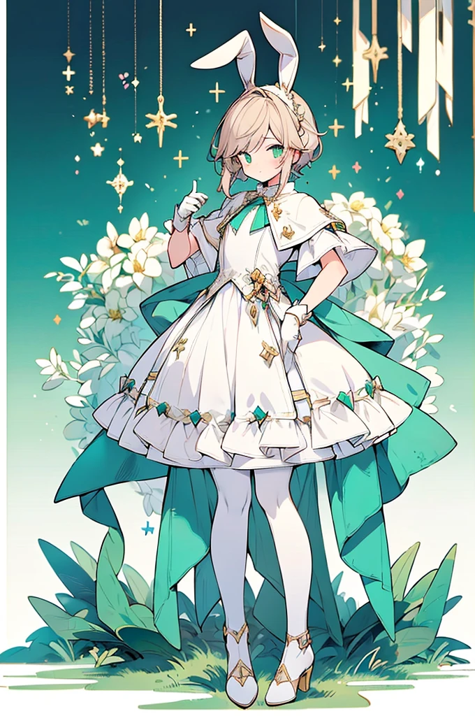 (((male, solo, bunny boy, White fur, elegante fantasy clothes))), elegante clothes, fantay clothes,green eyes, seafoam green clothes, ranger, pixiv, masterpiece, cute, (((fullbody))), male
