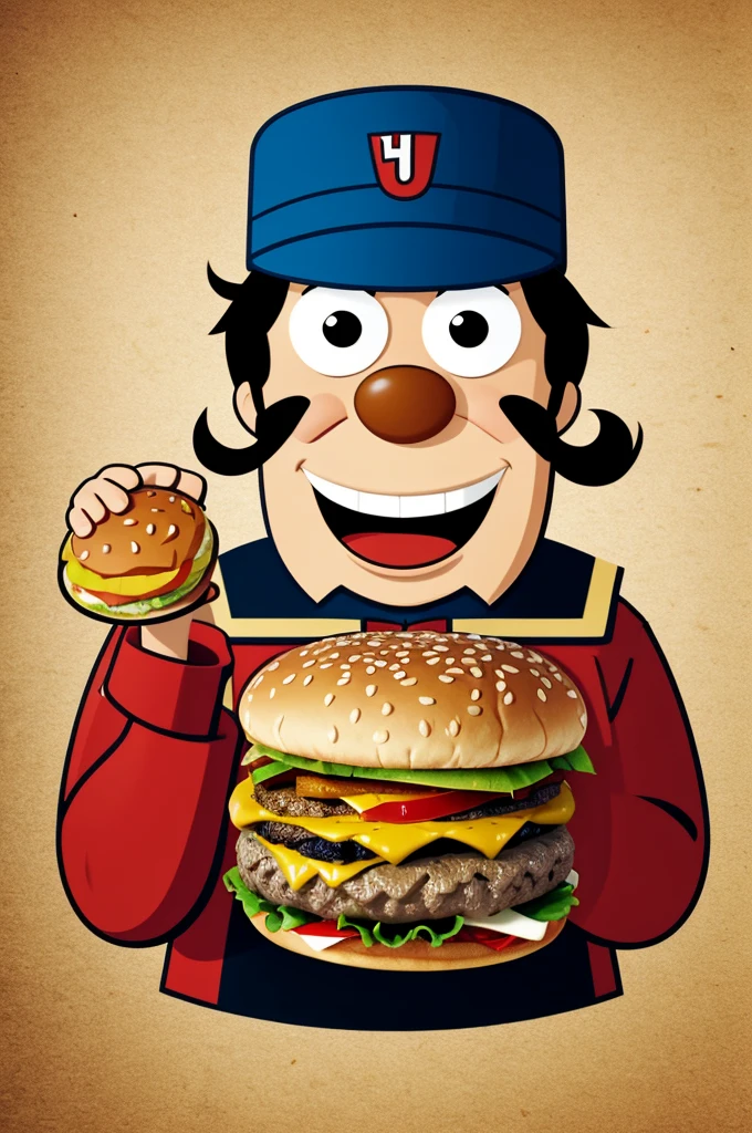 Make a logo where an animated character with a hat eating a hamburger