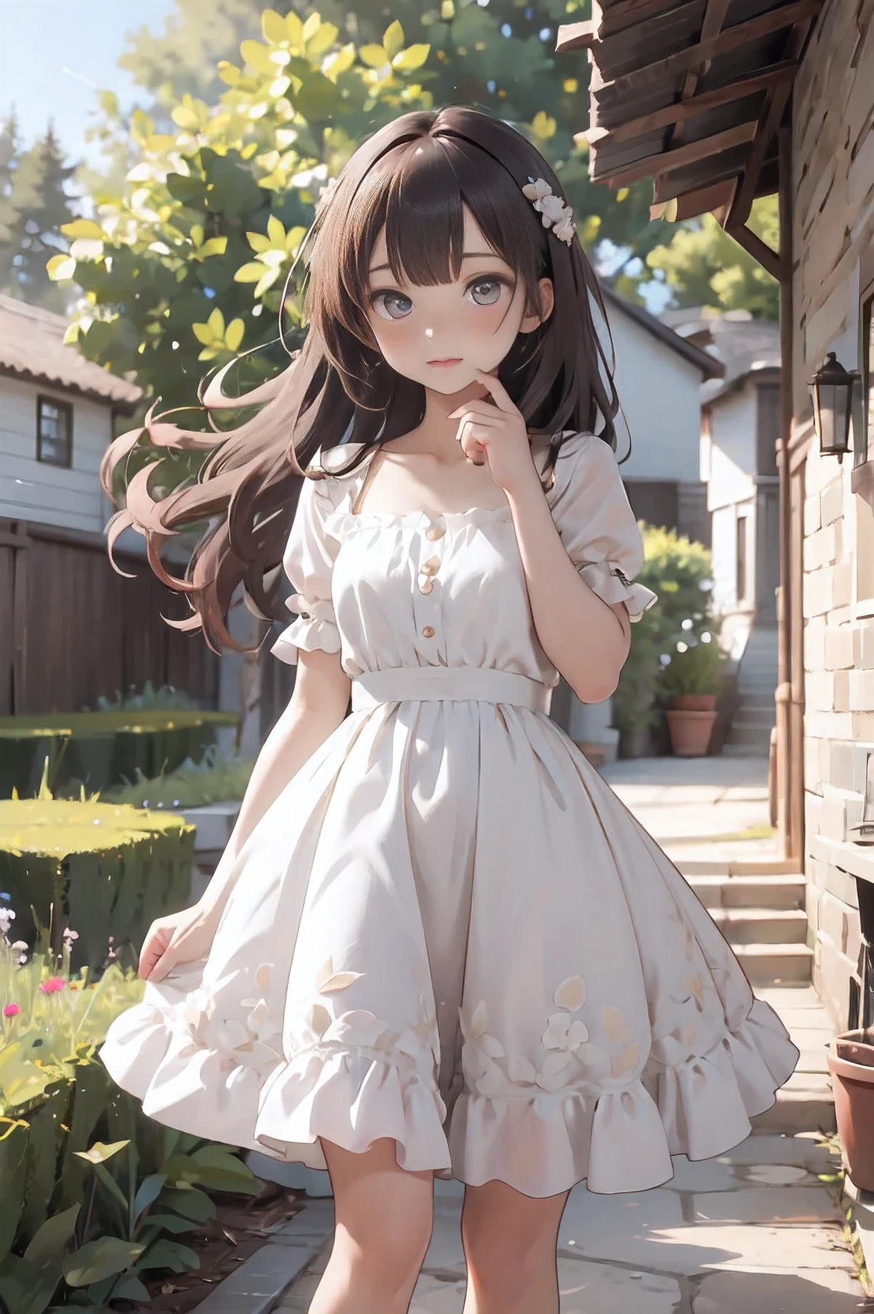 A beautiful woman with light delicately filtering through her hair, her summer dress is beautiful and she's standing in front of a cottage