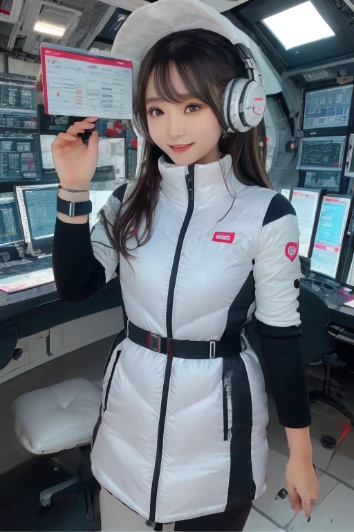 masterpiece, Highest quality, Very detailed, 8K Portrait,Japanese Android Girl,plump , Control panel,Robotic arms and legs, Blunt bangs,,break (Metallic Gray, Metallic luster, Mirror finish, Astro Best):5,headphone:5,break (Black sleeves):100,Smart Watches,Futuristic space station,Control Room,break headphone,blue eyes,(Black Hair):2,(Long Hair):1.3,Displaying the viewer,(respirator),break blush:3,Hidden Hand,smile