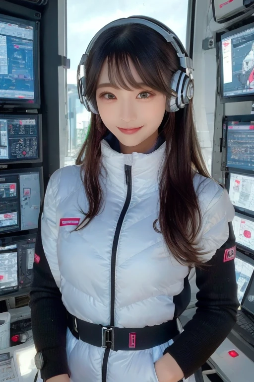 masterpiece, Highest quality, Very detailed, 8K Portrait,Japanese Android Girl,plump , Control panel,Robotic arms and legs, Blunt bangs,,break (Metallic Gray, Metallic luster, Mirror finish, Astro Best):5,headphone:5,break (Black sleeves):100,Smart Watches,Futuristic space station,Control Room,break headphone,blue eyes,(Black Hair):2,(Long Hair):1.3,Displaying the viewer,(respirator),break blush:3,Hidden Hand,smile