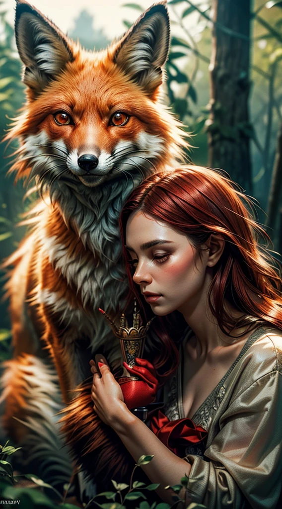 mulher com cabelo longo e vestido castanho segurando uma red fox vermelha, uma bela red fox senhora, fantasia red fox amor, Directed by: Adam Marczyński, Retrato de uma red fox antro, soft portrait shot 8 k, Directed by: Alexandre Kucharsky,  com orelhas de red fox, realistic fantasy rendering, red fox, Portrait photo, wlop and andrei riabovitchev