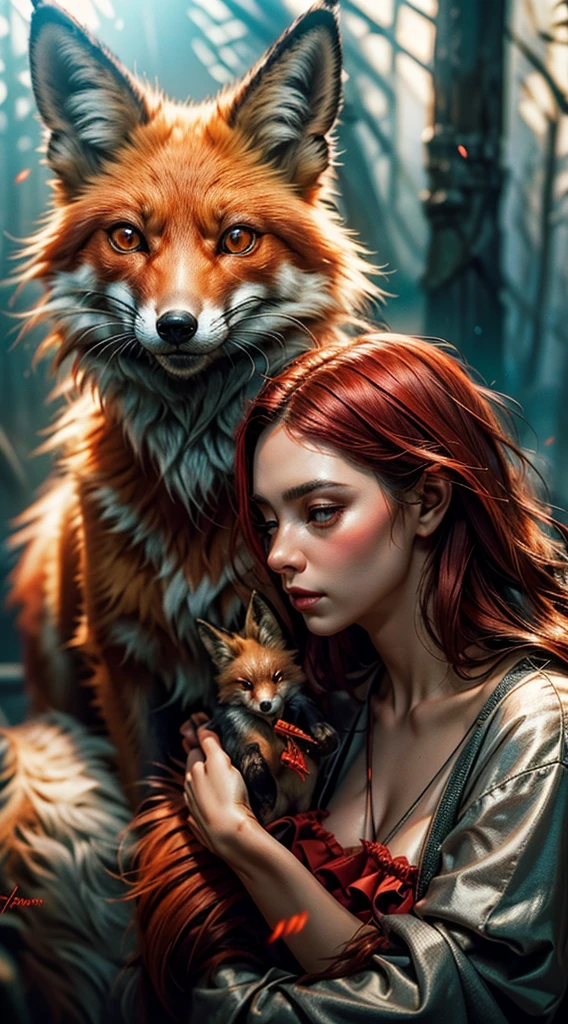 mulher com cabelo longo e vestido castanho segurando uma red fox vermelha, uma bela red fox senhora, fantasia red fox amor, Directed by: Adam Marczyński, Retrato de uma red fox antro, soft portrait shot 8 k, Directed by: Alexandre Kucharsky,  com orelhas de red fox, realistic fantasy rendering, red fox, Portrait photo, wlop and andrei riabovitchev