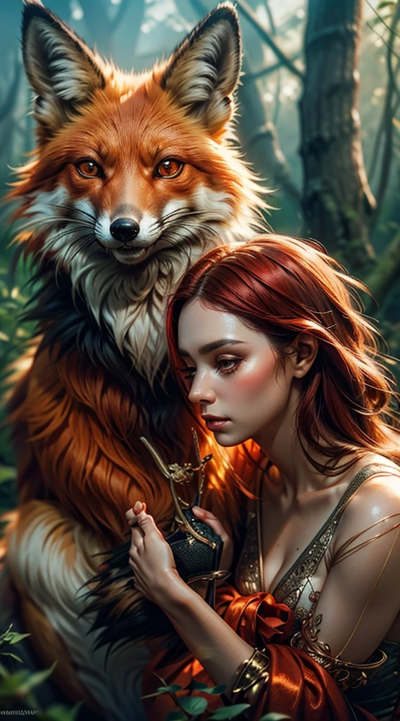 mulher com cabelo longo e vestido castanho segurando uma red fox vermelha, uma bela red fox senhora, fantasia red fox amor, Directed by: Adam Marczyński, Retrato de uma red fox antro, soft portrait shot 8 k, Directed by: Alexandre Kucharsky,  com orelhas de red fox, realistic fantasy rendering, red fox, Portrait photo, wlop and andrei riabovitchev