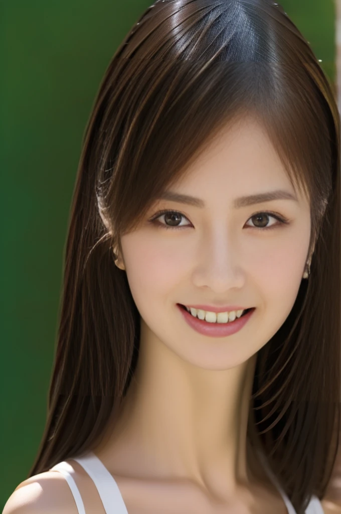 (Highest quality, masterpiece, 超High resolution, High resolution, Very detailed, High resolutionの顔, Clear photos, High resolution:1.5), (20-year-old woman:1.3), (whole body:1.3), One beautiful woman, (Japanese mixed race beauty:1.5), (Beautiful Eyes, Light in your eyes), Facial features are well defined, White skin, Shiny, とてもWhite skin, Shiny肌, (Film Photography Style:1.3), , , with collarsleeveless、Very smiling, Cute face,Black Hair Semi-Long, 8 Life-size, Huge breasts