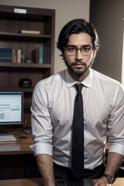 a dark-skinned man with black hair and a thin beard wearing a black dress shirt and round-shaped prescription glasses. He is looking forward and in the background there is an office with a table with a computer and a bookshelf