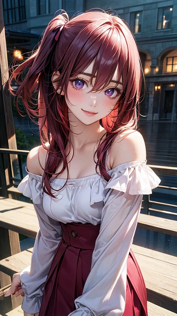 (masterpiece:1.2, top-quality), (realistic, photorealistic:1.4), beautiful illustration, (natural side lighting, movie lighting), nsfw, 
looking at viewer, 1 girl, japanese, high school girl, perfect face, cute and symmetrical face, shiny skin, 
(middle hair:1.5, (two side up:1.2), pink hair), hair between eyes, slant eyes, purple eyes, long eye lasher, (medium breasts), slender, dark red hair ribbon, 
beautiful hair, beautiful face, beautiful detailed eyes, beautiful clavicle, beautiful body, beautiful chest, beautiful thigh, beautiful legs, beautiful fingers, 
((detailed cloth texture, long sleeves off-shoulder wine-red tops, white long skirt, )), , 
(beautiful scenery), evening, (park), standing, (lovely smile, open mouse), 