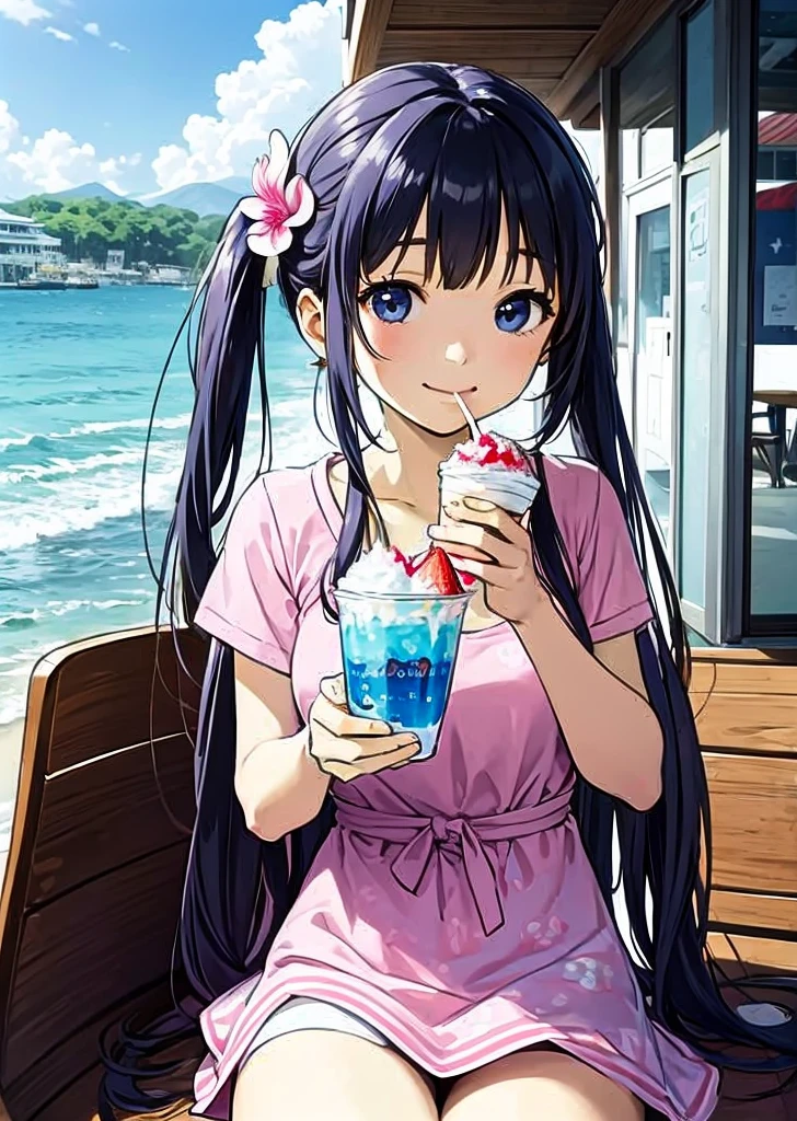 Seaside Cafe、Light blue long hair、Beautiful girl with twin tails、Eating strawberry shaved ice with relish、A cafe decorated with lots of orchid flowers、Beautiful girl with a bright smile