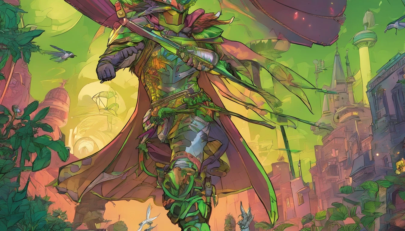 warrior hummingbird man, with human face with some hummingbird features, green neon details, with technological medieval armor with glowing magic marks, full body, hummingbird beak sword with glowing magic marks. Epic scene, wide and deep scenery, with several depth planes, stylish and dynamic pose. In the middle of a retro atompunk magical metropolis, mixing technology and greenery, buildings with neon details and glowing magical vegetation.