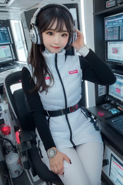 masterpiece, Highest quality, Very detailed, 8K Portrait,Japanese Android Girl,plump , Control panel,Robotic arms and legs, Blunt bangs,,break (Metallic Gray, Metallic luster, Mirror finish, Astro Best):5,headphone:5,break (Black sleeves):100,Smart Watches,Futuristic space station,Control Room,break headphone,blue eyes,(Black Hair):2,(Long Hair):1.3,Displaying the viewer,(respirator),break blush:3,Hidden Hand,smile