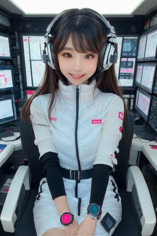 masterpiece, Highest quality, Very detailed, 8K Portrait,Japanese Android Girl,plump , Control panel,Robotic arms and legs, Blunt bangs,,break (Metallic Gray, Metallic luster, Mirror finish, Astro Best):5,headphone:5,break (Black sleeves):100,Smart Watches,Futuristic space station,Control Room,break headphone,blue eyes,(Black Hair):2,(Long Hair):1.3,Displaying the viewer,(respirator),break blush:3,Hidden Hand,smile